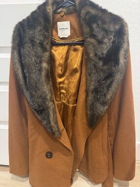 bebe Camel Pea Coat with Faux Fur Shawl Collar